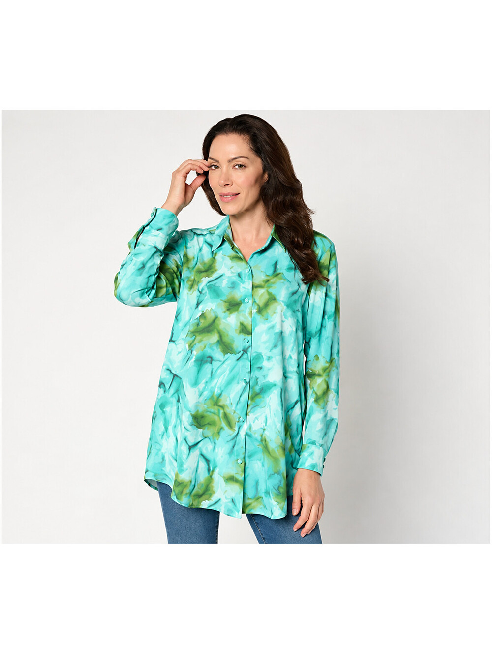 Susan Graver Print Textured Woven Button Front Duster Teal/Citron, Petite Medium